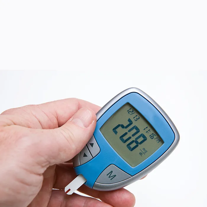 Glucose meter showing high blood sugar level