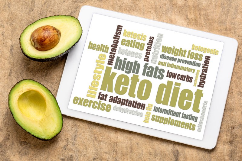 Keto diet word cloud on digital tablet, with a cut avocado next to it.
